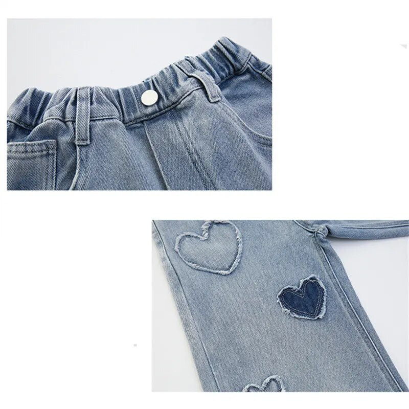 Didelės mergaitės mokyklinės plačios kelnės su širdelės dizaino laisvalaikio laisvos 2023 m. naujos pavasario mados ilgi džinsai Vaikiškos korėjietiško stiliaus kelnės