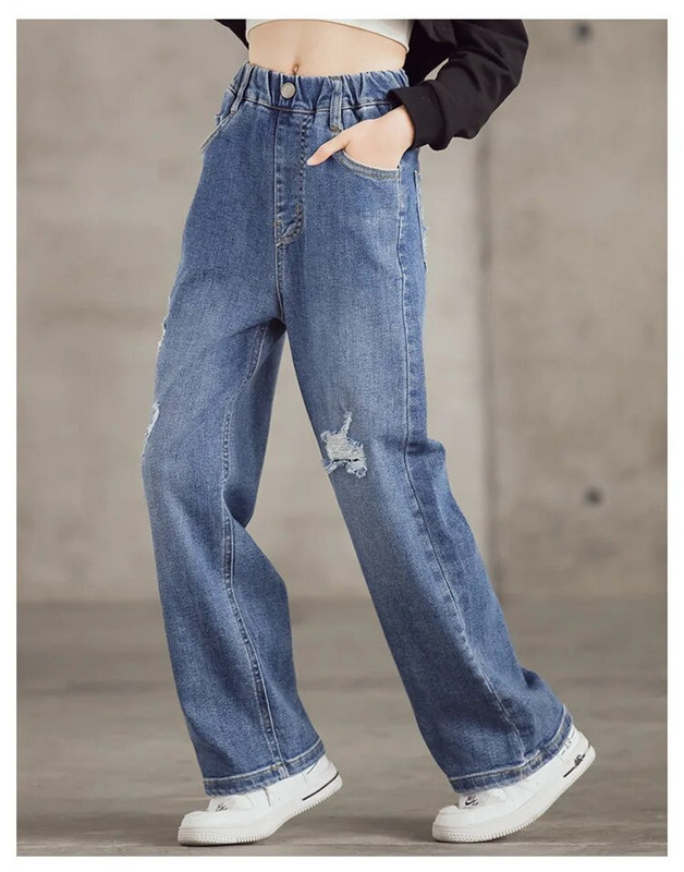 2023. gada modes meiteņu džinsi, pusaudžu apģērbi, elastīgi džinsi ar augstu vidukli, platas bikses, rudens, bērni, taisnas bikses, džinsi