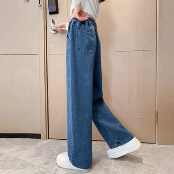 Дънки за момиче широки прави крачоли широки детски панталони еластична талия модна тенденция 2023 есен ново