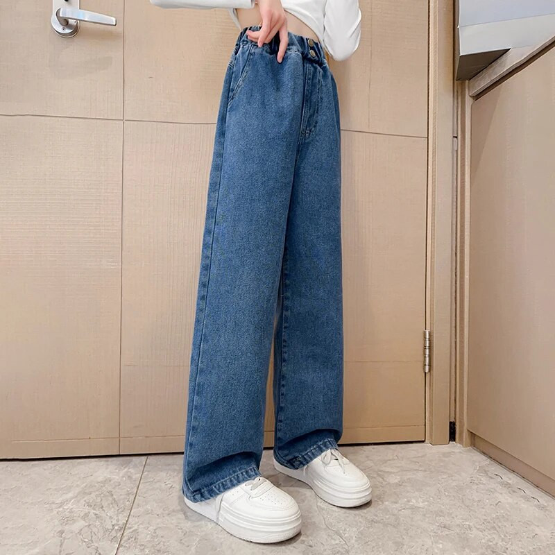 Meiteņu džinsi maisa, taisna kāja plata kāja bērnu bikses elastīga jostasvieta modes tendence 2023 rudens jaunums
