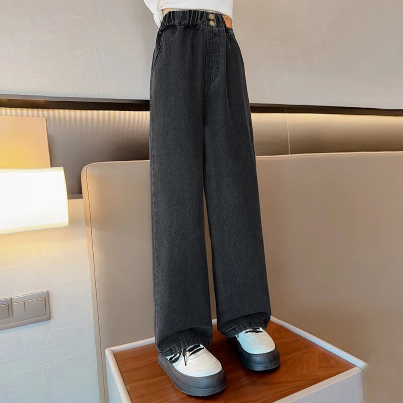 Meiteņu džinsi maisa, taisna kāja plata kāja bērnu bikses elastīga jostasvieta modes tendence 2023 rudens jaunums