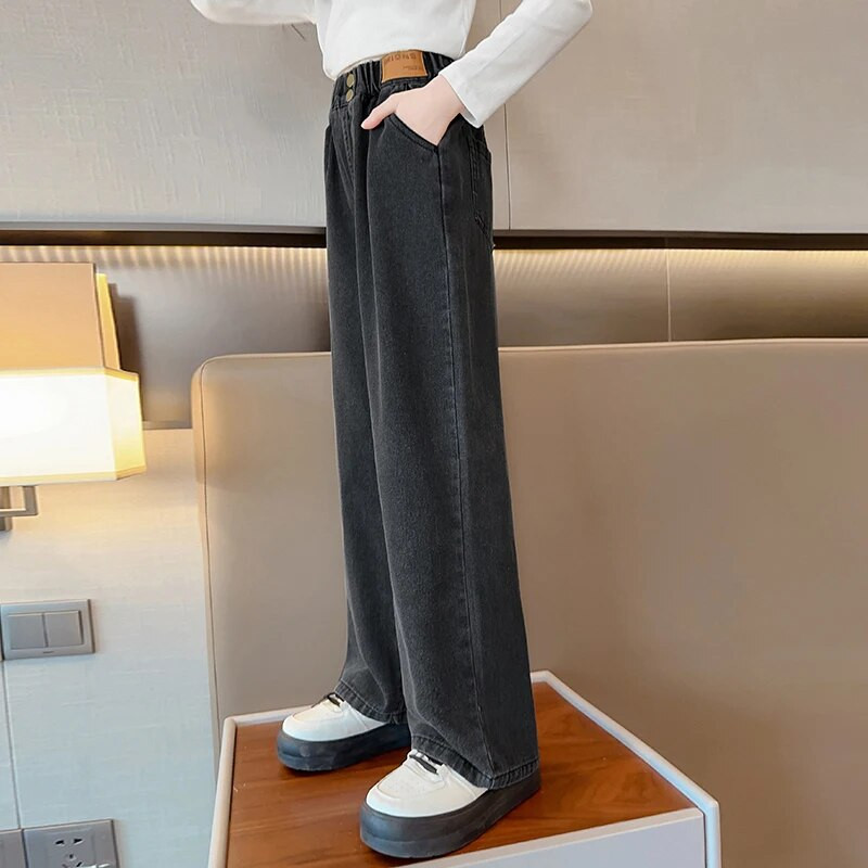 Meiteņu džinsi maisa, taisna kāja plata kāja bērnu bikses elastīga jostasvieta modes tendence 2023 rudens jaunums