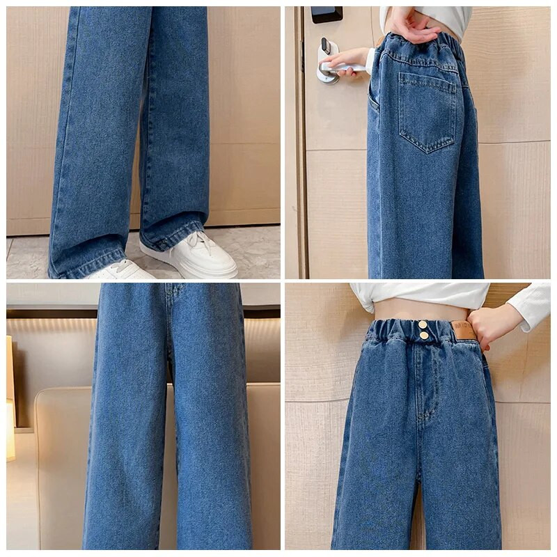 Meiteņu džinsi maisa, taisna kāja plata kāja bērnu bikses elastīga jostasvieta modes tendence 2023 rudens jaunums