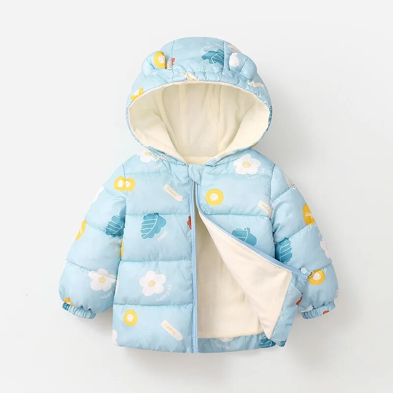 Jaunas jakas ar kapuci meitenēm ziemas karikatūras apdrukas mēteļi rāvējslēdzēja jaka bērniem biezi silti apģērbi mēteļi zēnu virsdrēbes