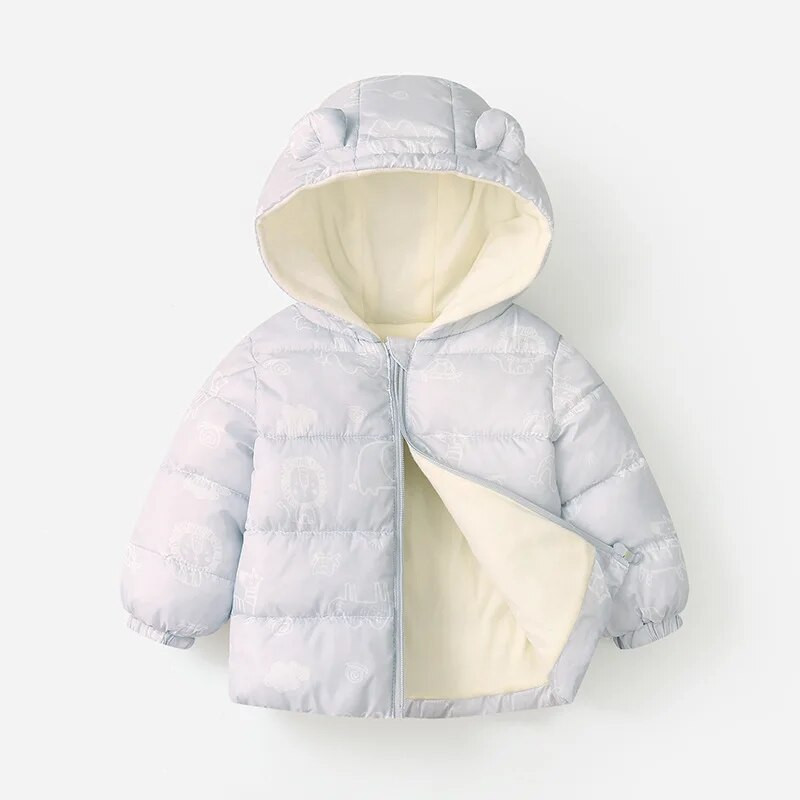 Jaunas jakas ar kapuci meitenēm ziemas karikatūras apdrukas mēteļi rāvējslēdzēja jaka bērniem biezi silti apģērbi mēteļi zēnu virsdrēbes