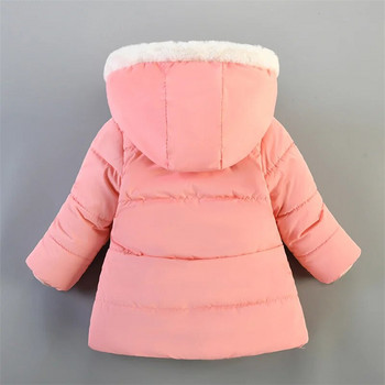 Якета за момичета Детско удебелено топло палто Детски модни връхни дрехи Памучни дрехи за бебешки момичета Есен Зима Палта с качулка с кожена яка