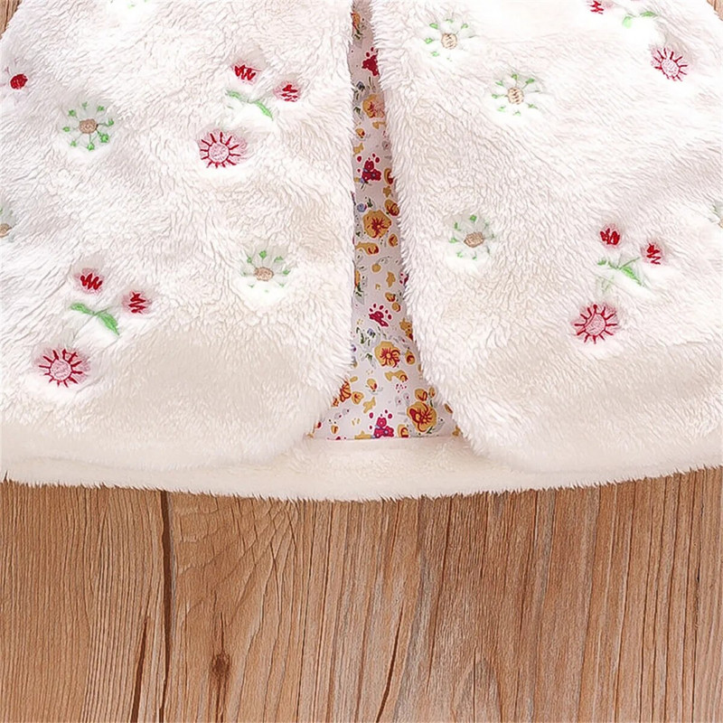 Rudens un ziemas meiteņu kažokādas veste, salda ziedu izšuvumi bez piedurknēm, silts modes mētelis 0–3 gadus vecs sieviešu apģērba tops