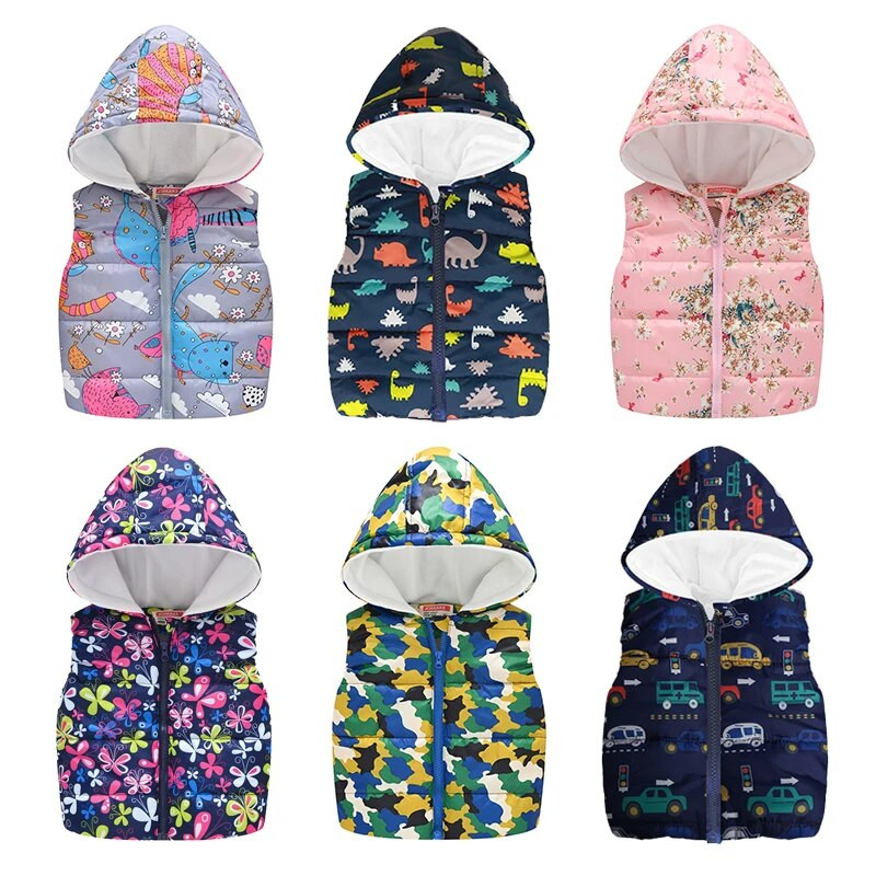 Őszi Téli Lányok Mellények Gyermek pamut meleg kabát Baby Boy Dinoszaurusz Kapucnis Mellény Gyerek Rajzfilm Aranyos Felsőruházat Ruházat