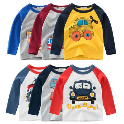 Tricou de toamnă 2023, tricou cu mașină cu desene animate, băieți, fete, copii, haine pentru copii, top din bumbac cu mâneci lungi, pentru băieți, îmbrăcăminte pentru copii, 2-9 ani