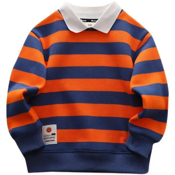 Пуловер с поларена подплата за момчета Есенно и зимно облекло Нова поло риза на райета в западен стил Удебелена термодолна риза