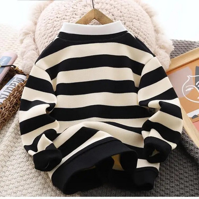 Zēnu džemperis ar flīsu oderi rudens un ziemas apģērbs Jauns rietumu stila svītrains polo krekls ar biezu termisko apakšu