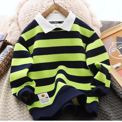 Zēnu džemperis ar flīsu oderi rudens un ziemas apģērbs Jauns rietumu stila svītrains polo krekls ar biezu termisko apakšu