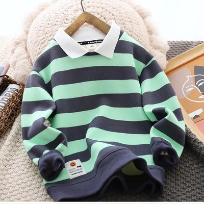 Zēnu džemperis ar flīsu oderi rudens un ziemas apģērbs Jauns rietumu stila svītrains polo krekls ar biezu termisko apakšu