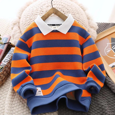 Zēnu džemperis ar flīsu oderi rudens un ziemas apģērbs Jauns rietumu stila svītrains polo krekls ar biezu termisko apakšu