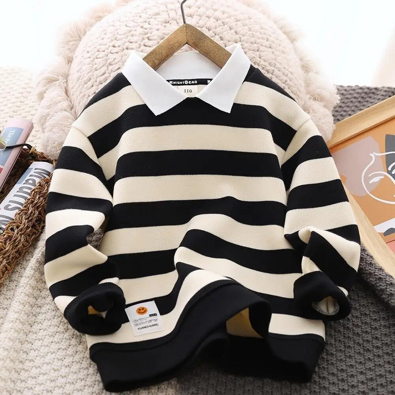 Zēnu džemperis ar flīsu oderi rudens un ziemas apģērbs Jauns rietumu stila svītrains polo krekls ar biezu termisko apakšu