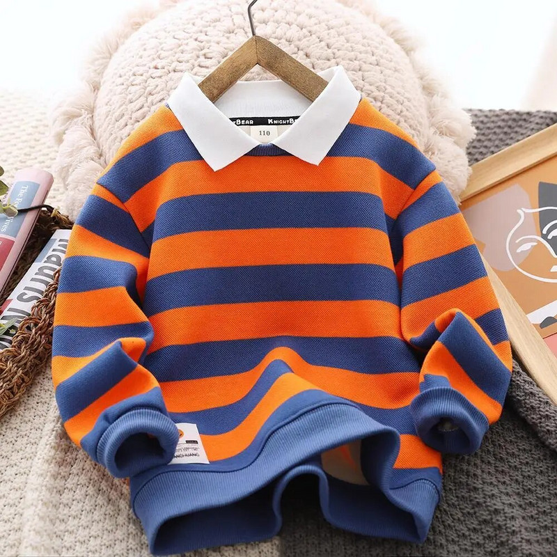 Zēnu džemperis ar flīsu oderi rudens un ziemas apģērbs Jauns rietumu stila svītrains polo krekls ar biezu termisko apakšu