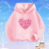 Rozā sirds ziedu apdrukas kapuces meitenēm ar garām piedurknēm džemperis, brīvs džemperis pavasara rudens kokvilnas pamata modes apģērbi