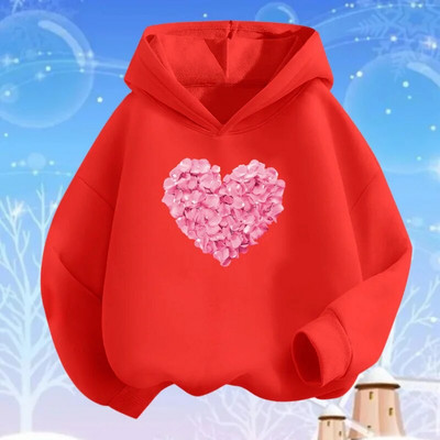 Rozā sirds ziedu apdrukas kapuces meitenēm ar garām piedurknēm džemperis, brīvs džemperis pavasara rudens kokvilnas pamata modes apģērbi
