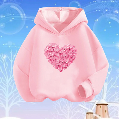 Rozā sirds ziedu apdrukas kapuces meitenēm ar garām piedurknēm džemperis, brīvs džemperis pavasara rudens kokvilnas pamata modes apģērbi