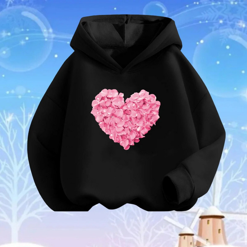 Rozā sirds ziedu apdrukas kapuces meitenēm ar garām piedurknēm džemperis, brīvs džemperis pavasara rudens kokvilnas pamata modes apģērbi