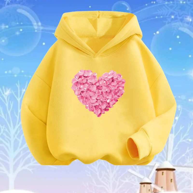 Rozā sirds ziedu apdrukas kapuces meitenēm ar garām piedurknēm džemperis, brīvs džemperis pavasara rudens kokvilnas pamata modes apģērbi