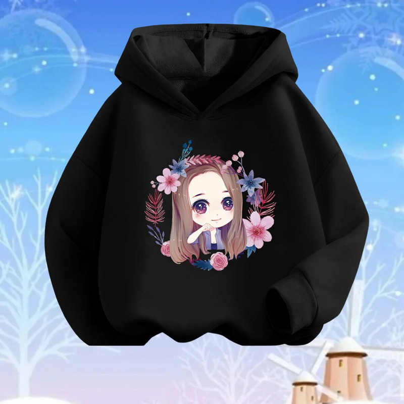 Rozā sirds ziedu apdrukas kapuces meitenēm ar garām piedurknēm džemperis, brīvs džemperis pavasara rudens kokvilnas pamata modes apģērbi