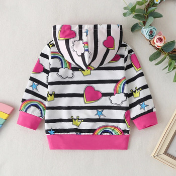 【Ready Stock】Φθινοπωρινό παιδικό φούτερ για κορίτσια με ριγέ στάμπα κινουμένων σχεδίων Rainbow Casual χαριτωμένα παιδικά ρούχα με μακρυμάνικη κουκούλα