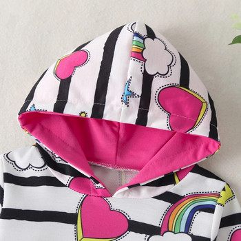 【Ready Stock】Φθινοπωρινό παιδικό φούτερ για κορίτσια με ριγέ στάμπα κινουμένων σχεδίων Rainbow Casual χαριτωμένα παιδικά ρούχα με μακρυμάνικη κουκούλα