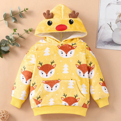 2023. gada ziemas meiteņu džemperis, bērnu tops ikdienišķs, gudrs lapsu apdruka ar garām piedurknēm plīša džemperi ar kapuci, bērnu valkāšana 3 4 5 6 gadi