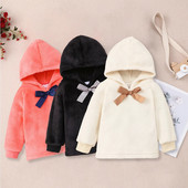 2023-as új téli lány viselet, egyszínű, hosszú ujjú kapucnis masnis plüss pamut, aranyos alkalmi, puha, egyszerű gyerek felső 3 4 5 6 év