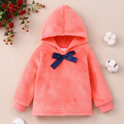 2023-as új téli lány viselet, egyszínű, hosszú ujjú kapucnis masnis plüss pamut, aranyos alkalmi, puha, egyszerű gyerek felső 3 4 5 6 év