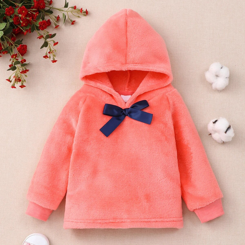 2023-as új téli lány viselet, egyszínű, hosszú ujjú kapucnis masnis plüss pamut, aranyos alkalmi, puha, egyszerű gyerek felső 3 4 5 6 év