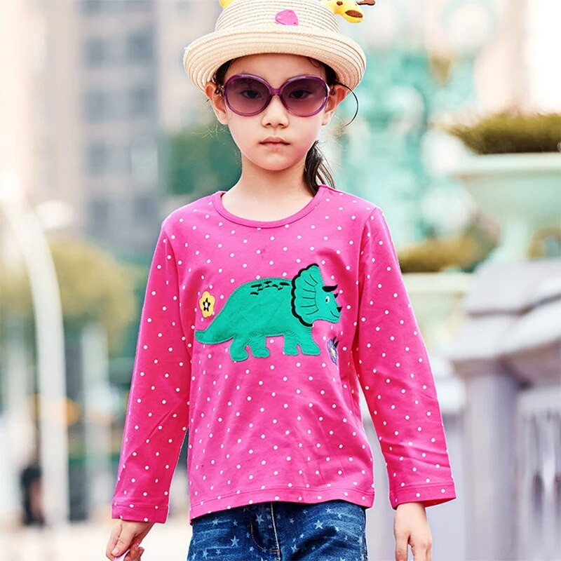 Lēcieni metri Jaunums rudens pavasara dinozauru izšuvumi aktuāli pārdod mazuļu bērnu trikotāžas topiņus modes zīdaiņu meiteņu kostīms