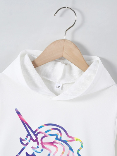 Bērnu gadījuma 4-12 gadu vecuma bērnu meiteņu vienradža raksta kapuces kleita ar garām piedurknēm kabatas jakas džemperis Mazu bērnu džemperis rudens ziema