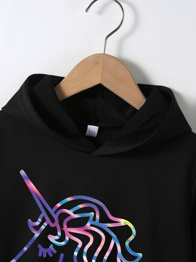 Bērnu gadījuma 4-12 gadu vecuma bērnu meiteņu vienradža raksta kapuces kleita ar garām piedurknēm kabatas jakas džemperis Mazu bērnu džemperis rudens ziema