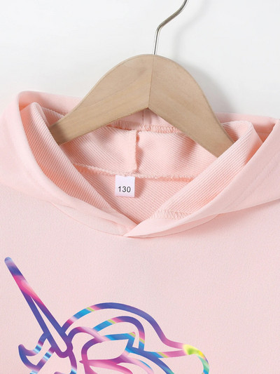 Bērnu gadījuma 4-12 gadu vecuma bērnu meiteņu vienradža raksta kapuces kleita ar garām piedurknēm kabatas jakas džemperis Mazu bērnu džemperis rudens ziema