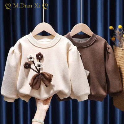 Кадифен пуловер за момичета, есен и зима 2022 г. Нови дрехи, бродирани в западен стил, деца, малки момичета, удебелено ежедневно горнище
