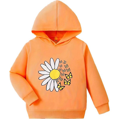 Toddler Girls Dzeltens džemperis ar kapuci ar garām piedurknēm ar ziedu apdruku