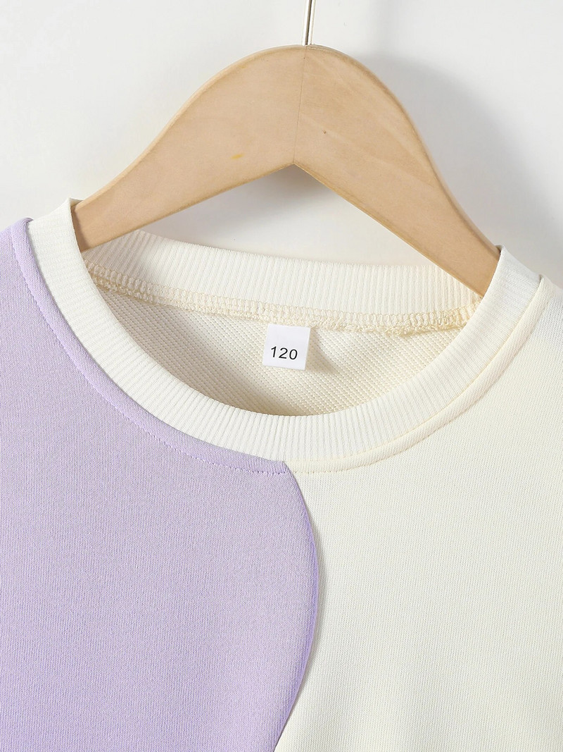 Jauns rudens džemperis purpursarkans balts krāsains bloks ērts modes gadījuma poliestera džemperis meitenēm ar garām piedurknēm 4-12 gadus vecs