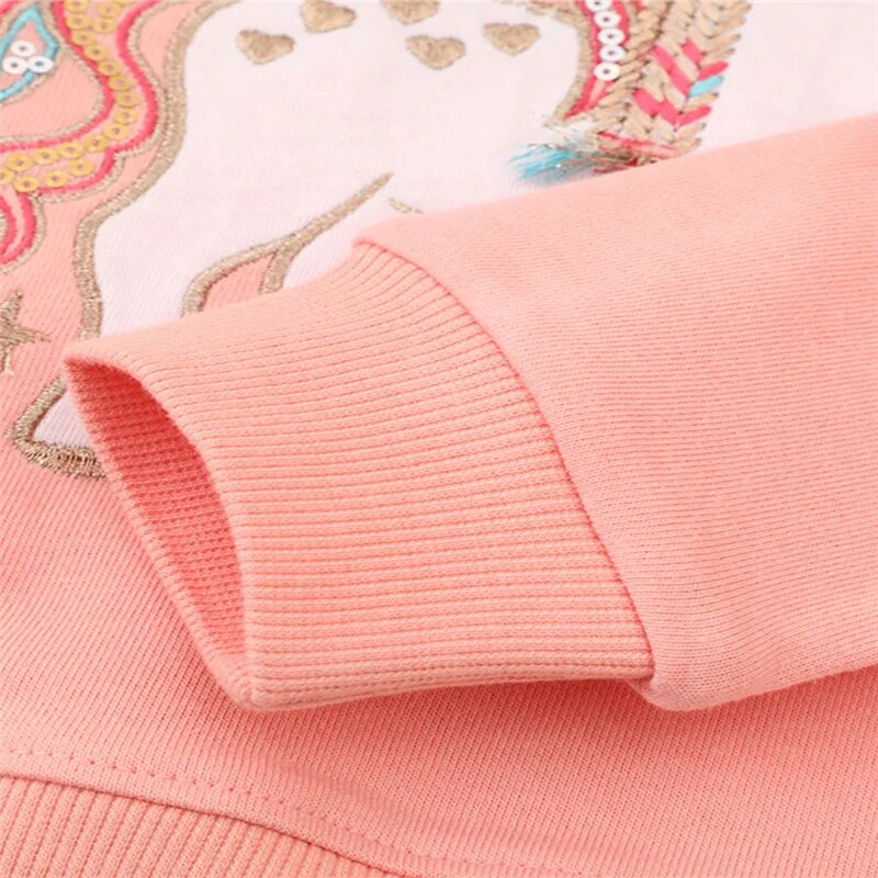 Jumping Meters 2-7T meiteņu džemperi rudens pavasarim vienradzis izšuvumi ar garām piedurknēm krekli ar kapuci Jauki bērnu apģērba krekli