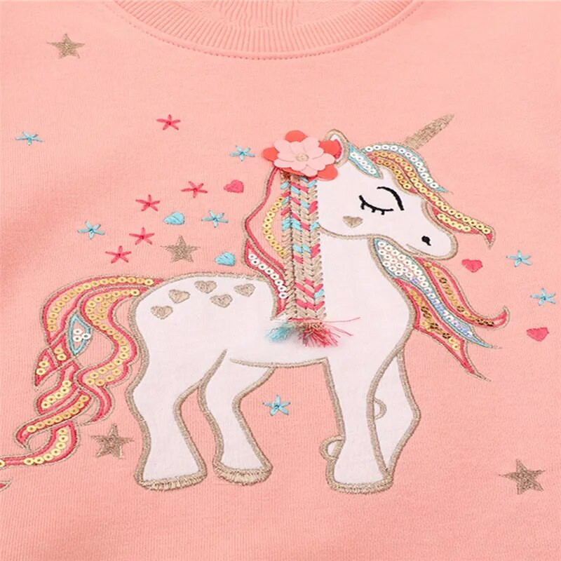 Jumping Meters 2-7T meiteņu džemperi rudens pavasarim vienradzis izšuvumi ar garām piedurknēm krekli ar kapuci Jauki bērnu apģērba krekli