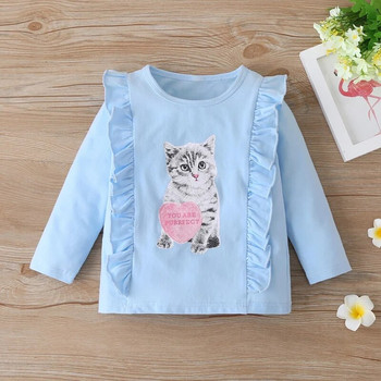 Νέα μόδα φθινοπωρινά ρούχα για κοριτσάκια βαμβακερά υπέροχα ζωάκια με μοτίβο γάτας βολάν με μακρυμάνικο μπλουζάκι μπλουζάκια βρεφικά ρούχα 1-5 ετών