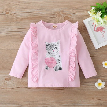 Νέα μόδα φθινοπωρινά ρούχα για κοριτσάκια βαμβακερά υπέροχα ζωάκια με μοτίβο γάτας βολάν με μακρυμάνικο μπλουζάκι μπλουζάκια βρεφικά ρούχα 1-5 ετών