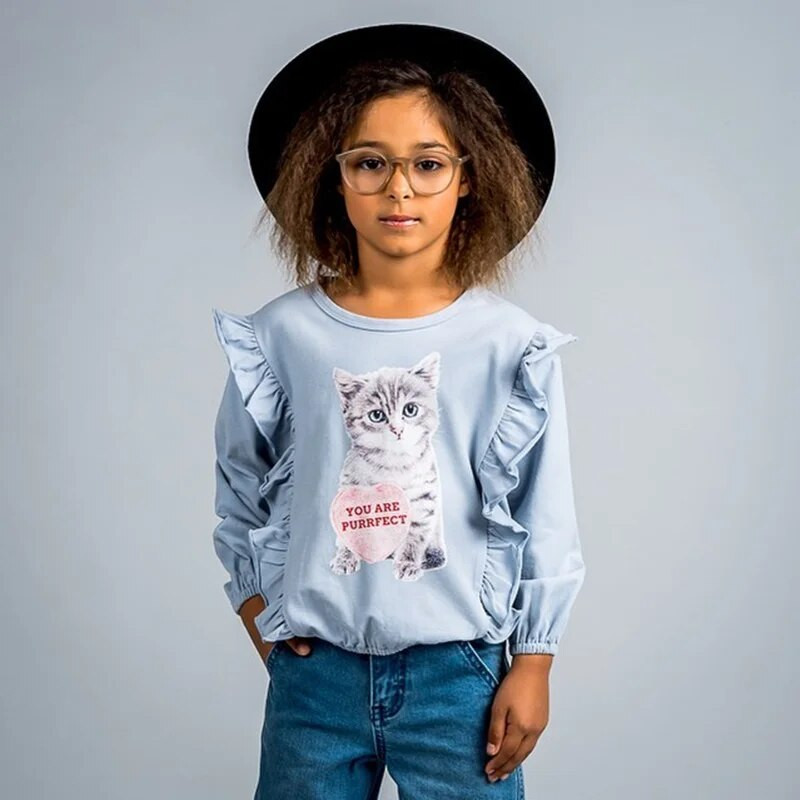 Jaunas modes mazuļu meiteņu rudens drēbes kokvilnas jauki dzīvnieku kaķu raksti, volāni ar garām piedurknēm T-kreklu topi, mazuļu apģērbi 1-5 g.