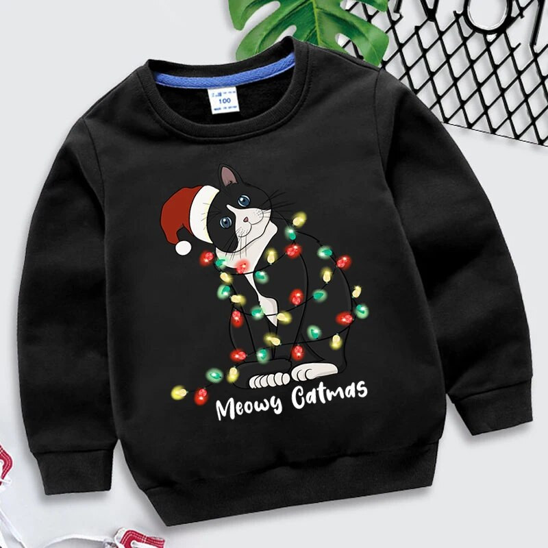 Dzīvnieku kaķu apdruka Daudzkrāsains bērnu apģērbs 2022. gada Ziemassvētku kapuces, meitenes, zēni, Ziemassvētku topi, sporta krekli, bērnu apģērbi, mētelis