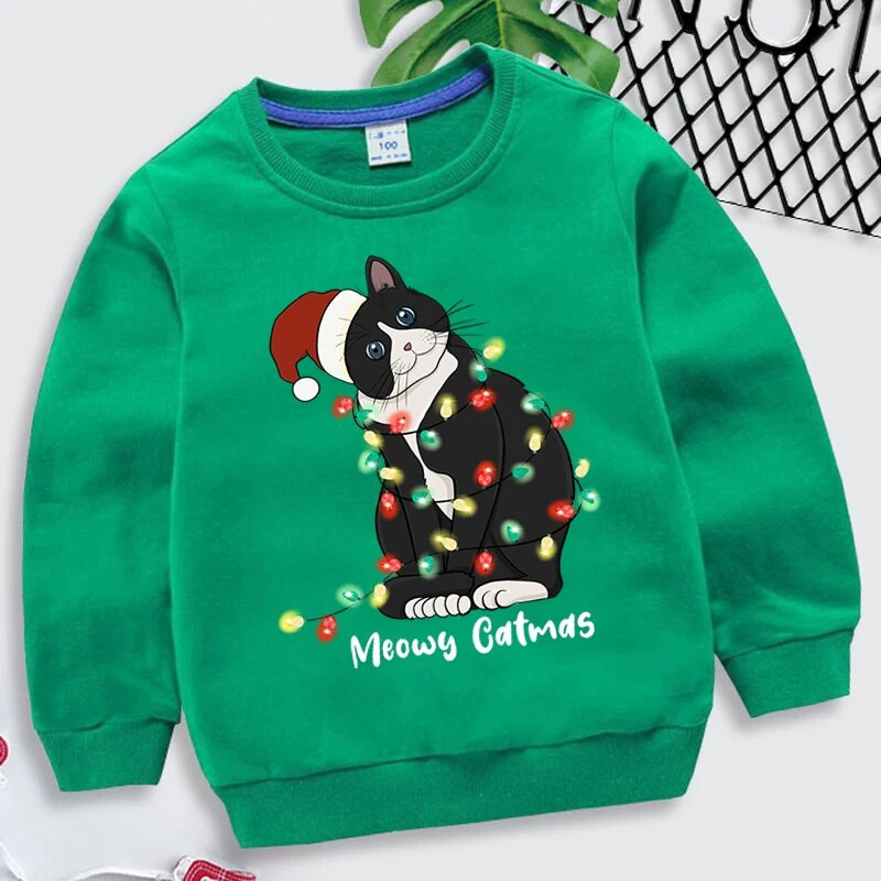 Dzīvnieku kaķu apdruka Daudzkrāsains bērnu apģērbs 2022. gada Ziemassvētku kapuces, meitenes, zēni, Ziemassvētku topi, sporta krekli, bērnu apģērbi, mētelis