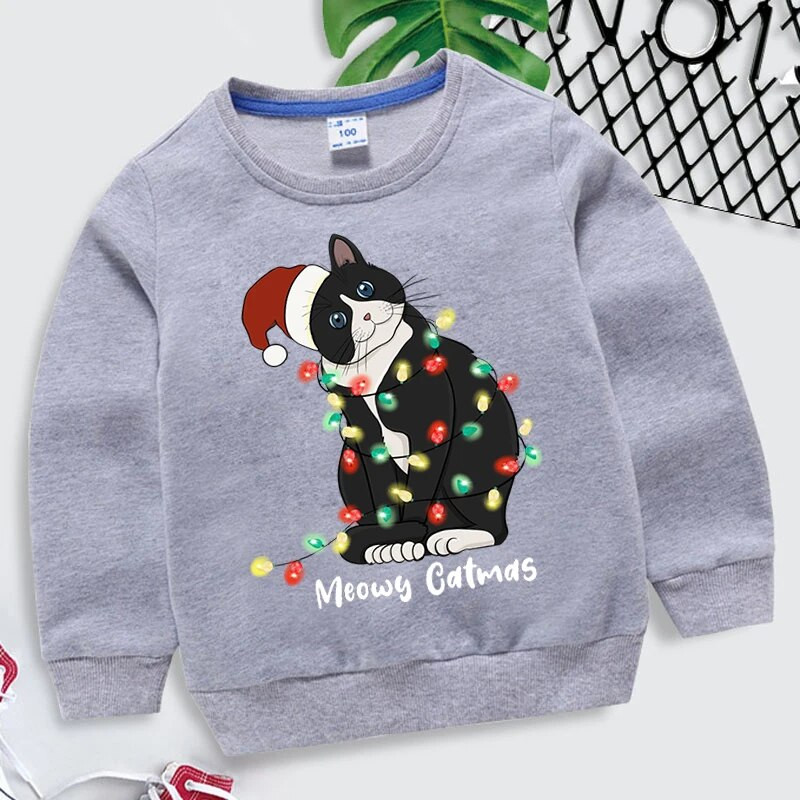 Dzīvnieku kaķu apdruka Daudzkrāsains bērnu apģērbs 2022. gada Ziemassvētku kapuces, meitenes, zēni, Ziemassvētku topi, sporta krekli, bērnu apģērbi, mētelis