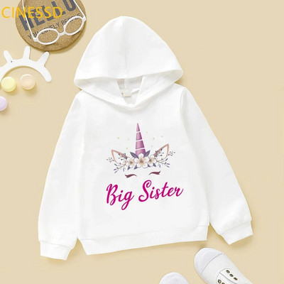 Bērnu ikdienas Smieklīgs vienradzis lielā māsa meitene karikatūras ar grafisku apdruku džemperis Kawaii ziemas flīsa apģērbs bērnu kapuci