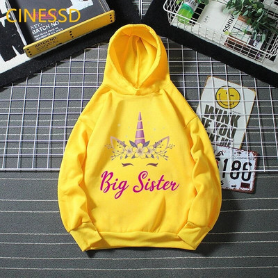 Bērnu ikdienas Smieklīgs vienradzis lielā māsa meitene karikatūras ar grafisku apdruku džemperis Kawaii ziemas flīsa apģērbs bērnu kapuci