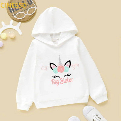 Bērnu ikdienas Smieklīgs vienradzis lielā māsa meitene karikatūras ar grafisku apdruku džemperis Kawaii ziemas flīsa apģērbs bērnu kapuci